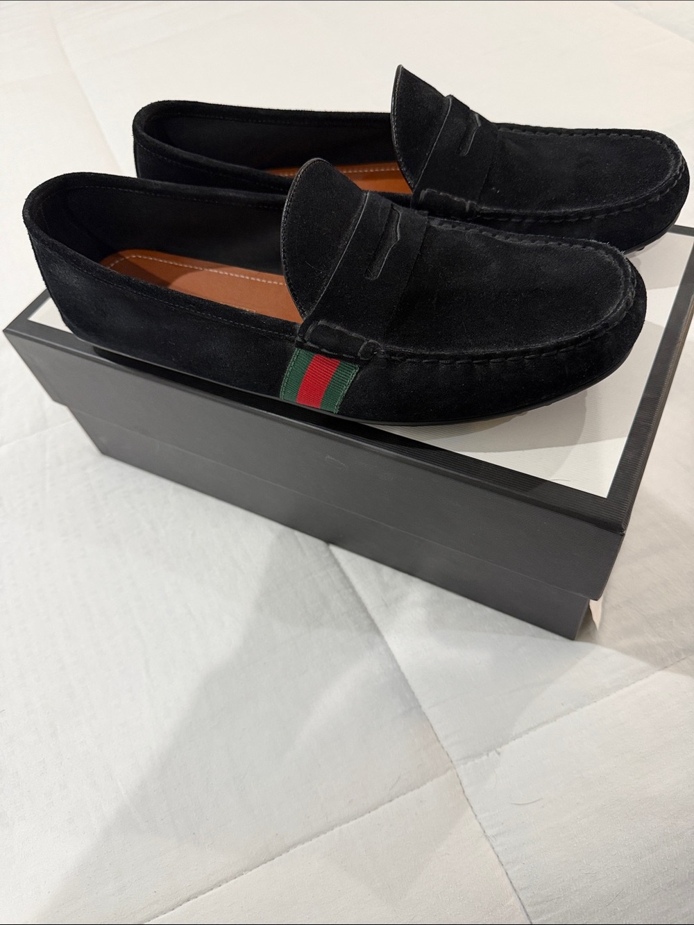 Gucci Black Suede Loafers with Red-Green Web Accent